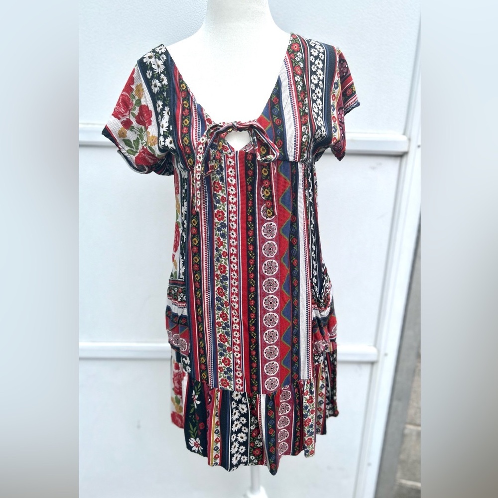 Vintage boho dress women’s sz S floral colorful cotton blend artsy patchwork